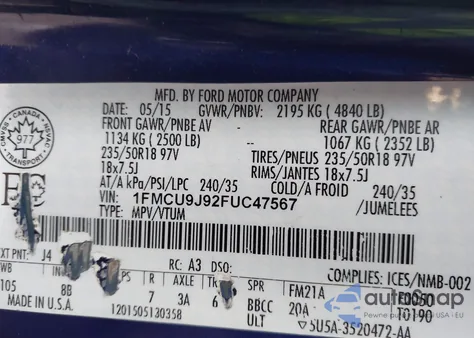 2015 Ford Escape z USA, uszkodzony, nr VIN 01FMCU9J9FUC47567